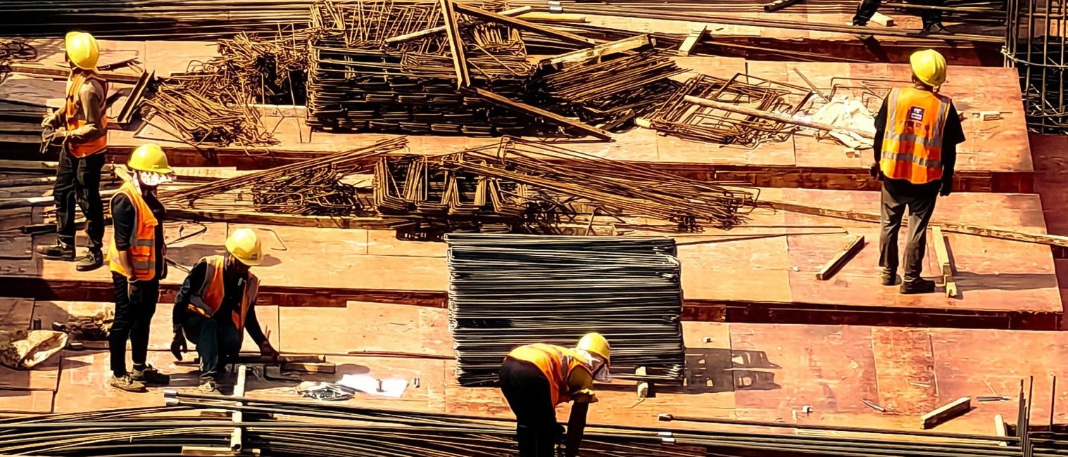 Beschäftigte bei der Arbeit auf einer Baustelle, von oben gesehen
