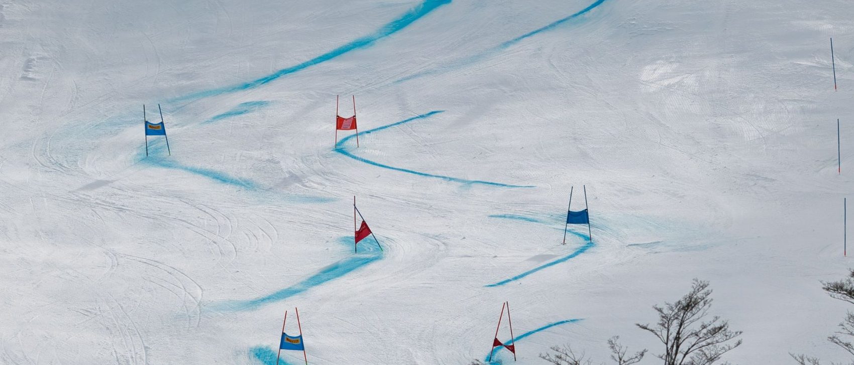 Luftbild einer Skipiste mit Torstangen